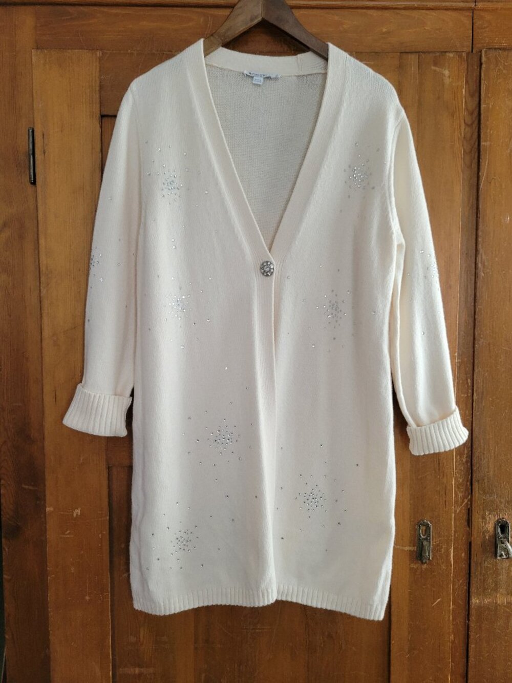 Chico's Rhinestone Embellished Longline Cardigan Sweater Large Ivory Knit Cozy